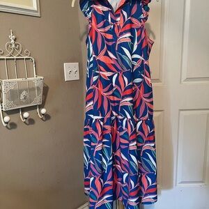 Tropical Leaf Print Midi Dress in Blue and Pink